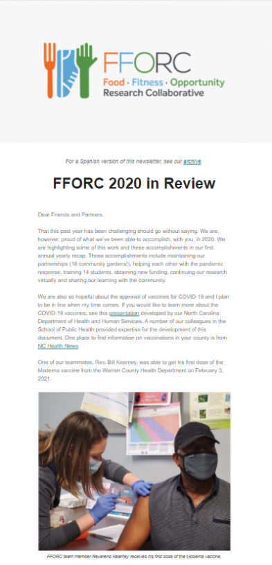 Screenshot of newsletter with words "FFORC 2020 in Review" and photo of someone receiving a vaccine.