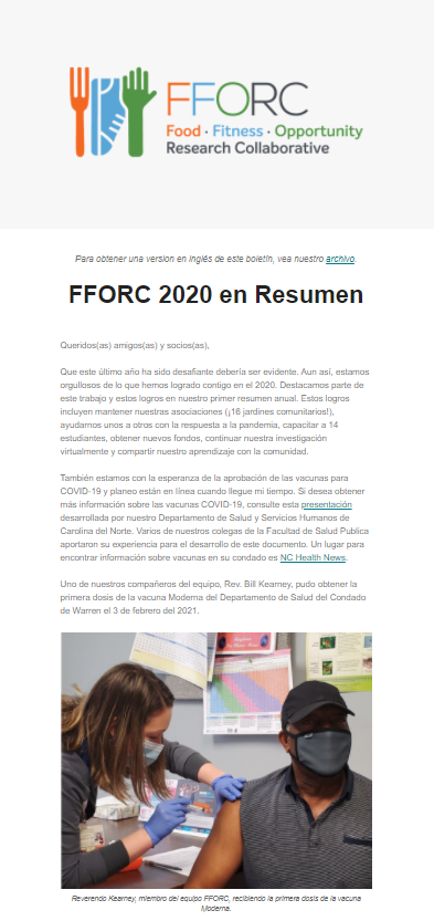 Screenshot of newsletter with words "FFORC 2020 en Resumen" and photo of someone receiving a vaccine.