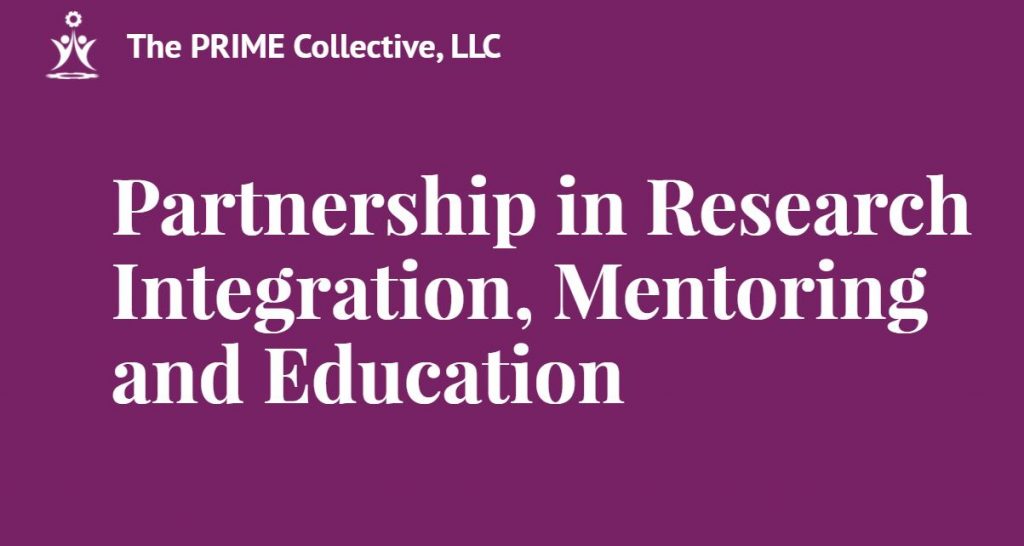 Purple background with white logo that says "The Prime Collective LLC." Text below the logo says "Partnership in Research Integration, Mentoring and Education."