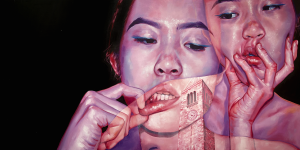 Painting with two different overlapping self-portraits, one where the artist has their hand over their chin, fingers spread and looking to the side, perhaps uncertainly or skeptically. In the other self-portrait, the artist is pulling their lower lip out to the side in a relaxed way so that you can see some of their bottom teeth and looking down. Overlapping with both portraits is a brick clocktower.