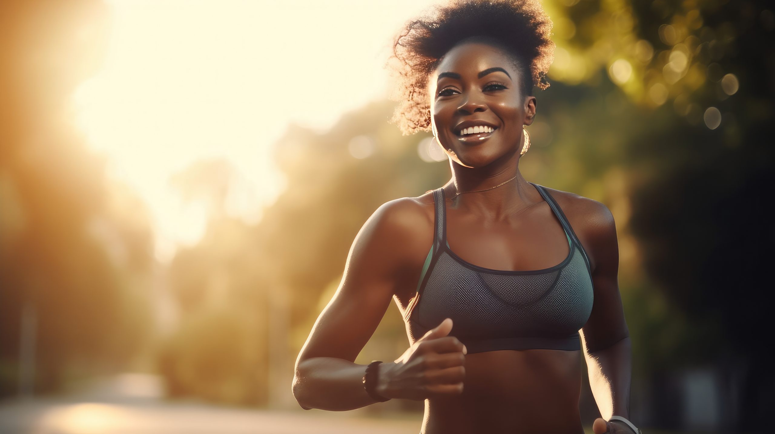 black woman jogging in a sports bra during the morning
